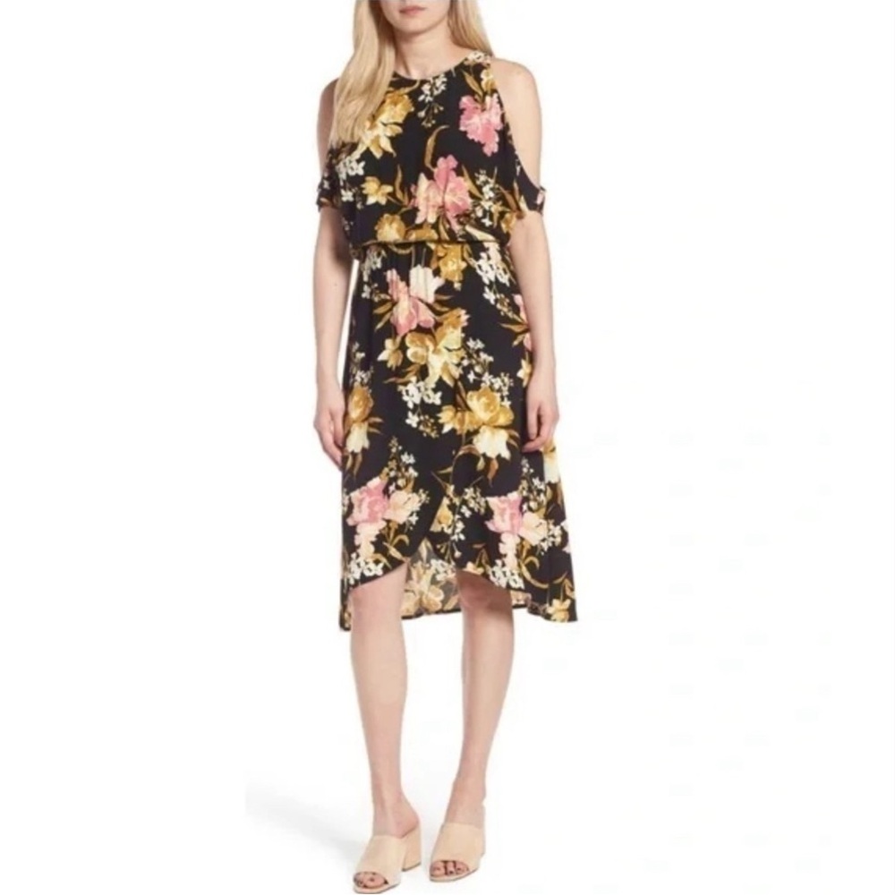 Leith Floral Cold Shoulder Midi Dress in pink floral size large - Picture 3 of 10